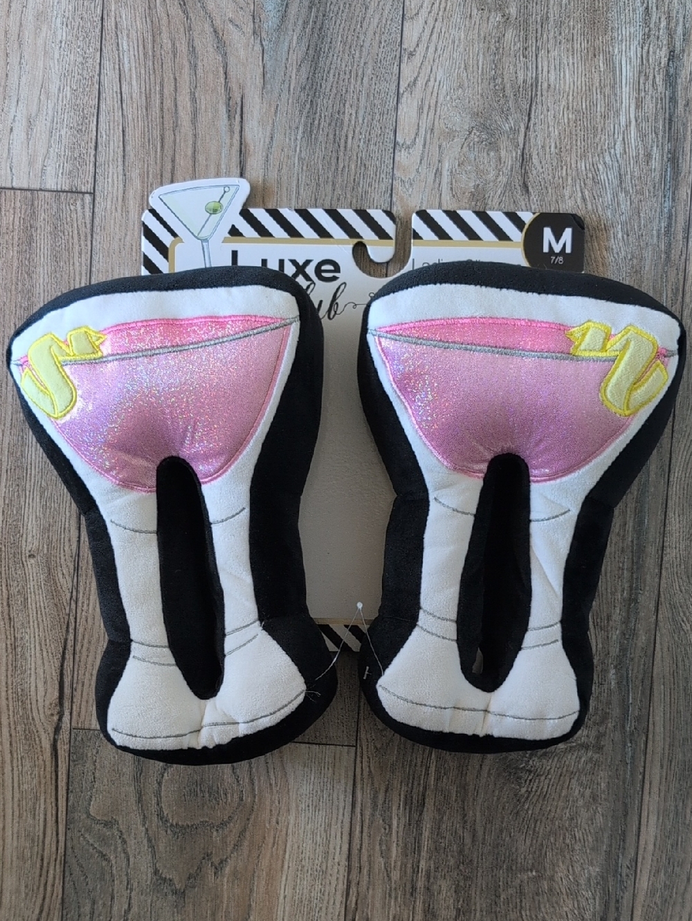 LUXE CLUB Martini Cocktail Glass Novelty Slippers Pink and Black Size Medium 7/8